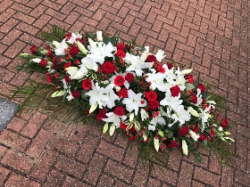 Lily, rose, red, white, coffin, casket, spray, Funeral, tribute, wreath, flowers, Biggin Hill, Westerham, Orpington, Bromley, Sevenoaks, Florist 